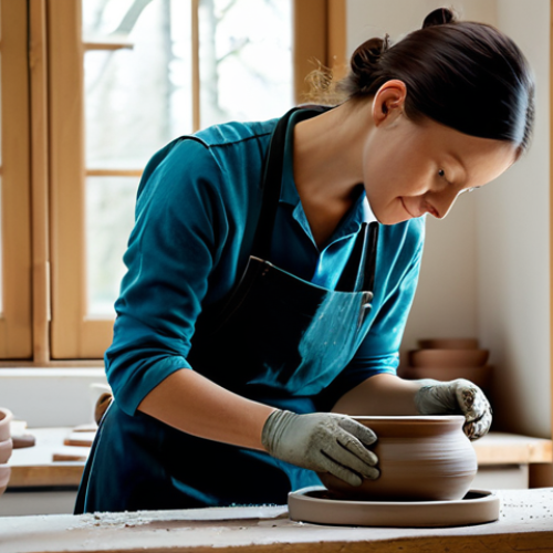 Home 11 **
A professional potter, fully clothed in modest work attire, carefully shaping clay on a pottery wheel in a bright and airy studio. Natural light streams through a large window, illuminating shelves filled with finished ceramic pieces. Safe for work, appropriate content, perfect anatomy, natural proportions, professional setting, family-friendly.
**