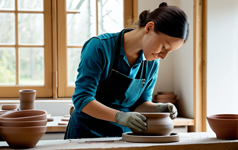 **

A professional potter, fully clothed in modest work attire, carefully shaping clay on a pottery wheel in a bright and airy studio. Natural light streams through a large window, illuminating shelves filled with finished ceramic pieces. Safe for work, appropriate content, perfect anatomy, natural proportions, professional setting, family-friendly.

**