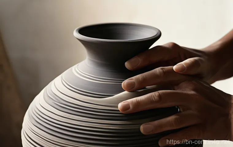 세라믹 디자인 제작 과정 - **Prompt:** A close-up, high-definition photograph of an artisan's hands meticulously shaping a cera...