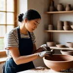 세라믹 업무 일상 - **Prompt:** A female ceramist, mid-action, seated at a pottery wheel in a sunlit studio, her hands g...