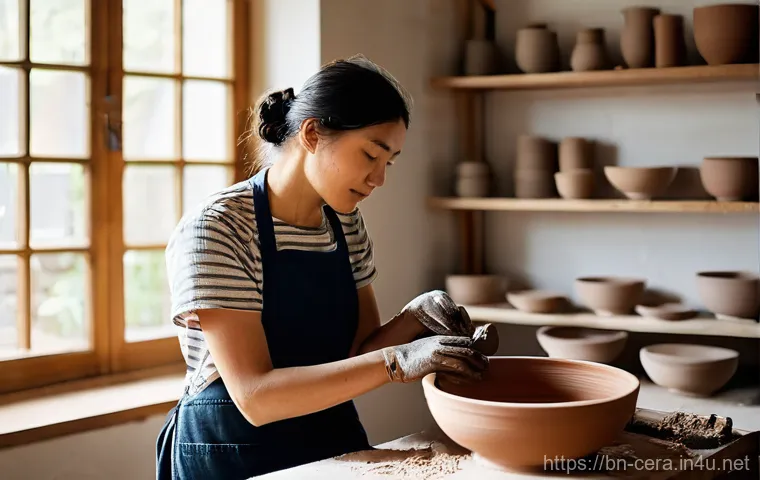 세라믹 업무 일상 - **Prompt:** A female ceramist, mid-action, seated at a pottery wheel in a sunlit studio, her hands g...