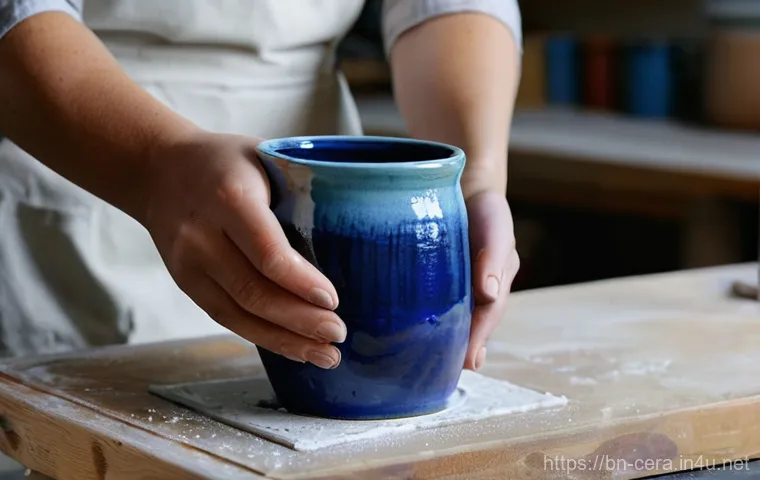 세라믹 업무 일상 - **Prompt:** A female ceramist, mid-action, seated at a pottery wheel in a sunlit studio, her hands g...