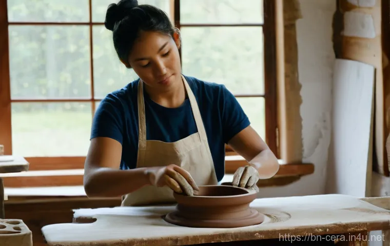 미술세라믹 경력 개발 팁 - Image Prompt 1: The Focused Beginner on the Pottery Wheel**