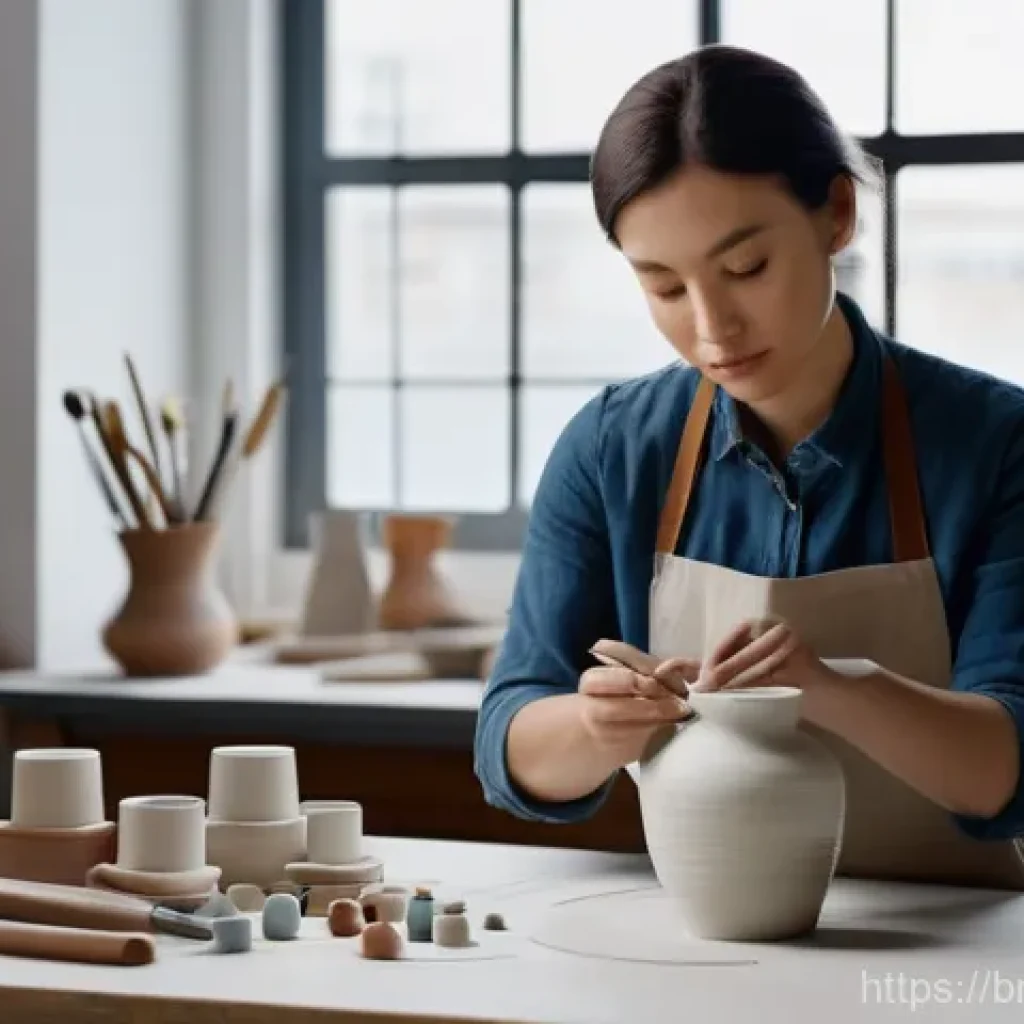 세라믹 디자이너 이력서 작성법 - **Prompt:** A female ceramic artist, in her late 20s, with a focused expression, meticulously hand-b...
