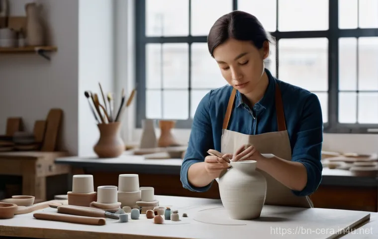 세라믹 디자이너 이력서 작성법 - **Prompt:** A female ceramic artist, in her late 20s, with a focused expression, meticulously hand-b...