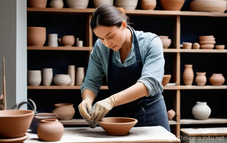 세라믹 작품 설계 및 제작 - **Prompt 1: Focused Ceramic Artist at Work**
    "A talented ceramic artist, wearing a modest, clean...