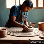 Home 21 미술세라믹 분야 학습 자료 - A detailed, realistic ceramic artist’s workspace in Bengal, showing a potter’s wheel in use with a f...