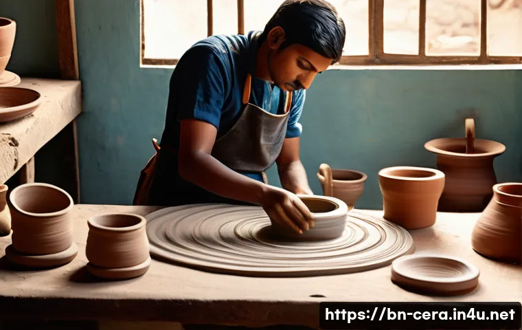 미술세라믹 분야 학습 자료 - A detailed, realistic ceramic artist&rsquo;s workspace in Bengal, showing a potter&rsquo;s wheel in use with a f...