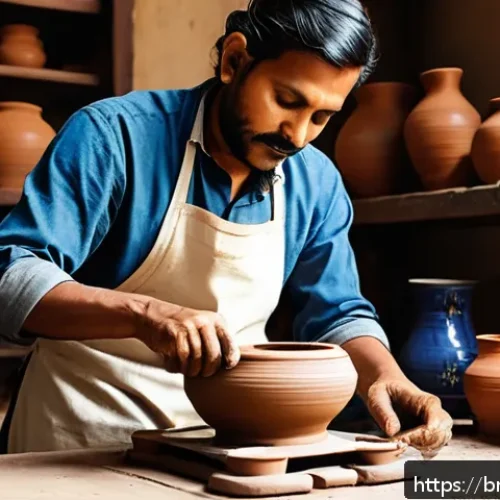 Home 31 세라믹 교육 커리큘럼 - A skilled Bengali artisan shaping a ceramic pot on a traditional pottery wheel inside a bright, sunl...
