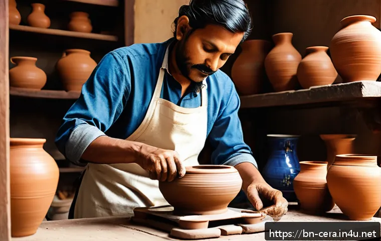 세라믹 교육 커리큘럼 - A skilled Bengali artisan shaping a ceramic pot on a traditional pottery wheel inside a bright, sunl...