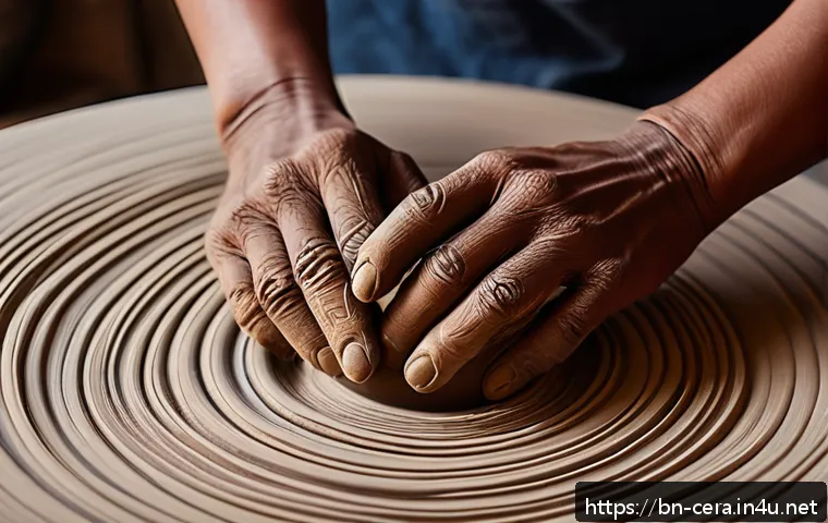 세라믹 디자인 현장 경험 - A close-up scene of a Bengali ceramic artist&rsquo;s hands gently shaping soft biodegradable clay on a pot...