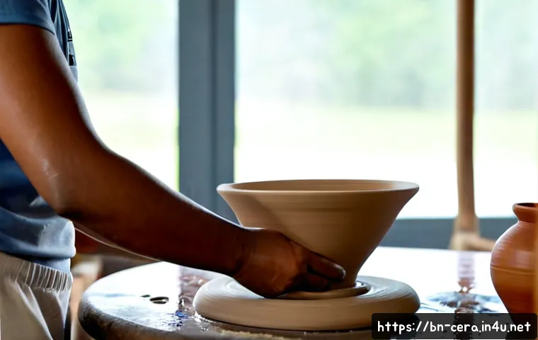 세라믹 창작 실기 과정 - Photorealistic ceramic arts practical class in a bright, tidy studio, adult student shaping a smooth...