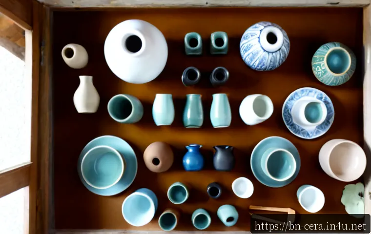 세라믹 디자인 포트폴리오 만들기 - Photorealistic ceramic design portfolio scene, overhead view of a clean wooden studio table displayi...
